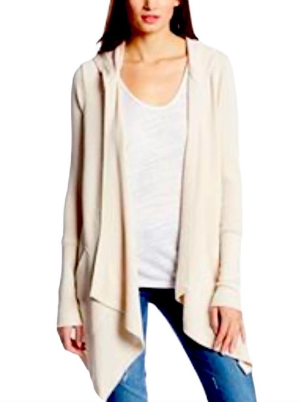 Splendid Cream Thermal Hooded Draped Open-Front Cardigan